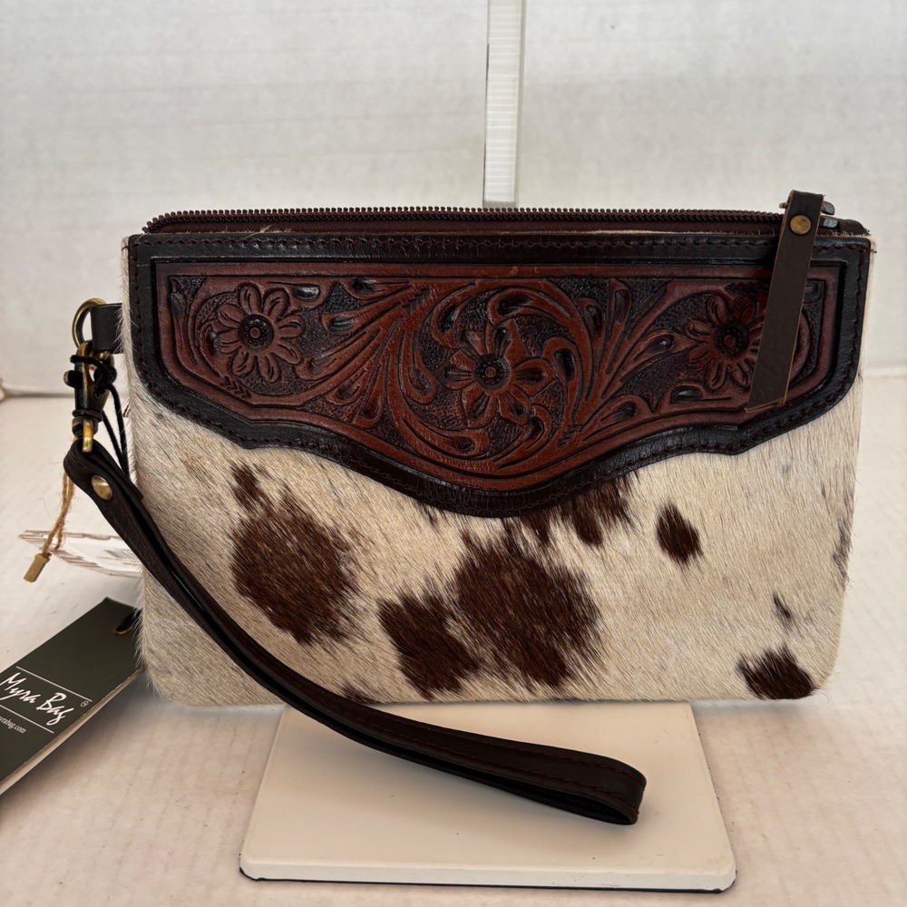 Myraβ Cowhide Wristlet Womens Brown Tooled Leather Floral Western Clutch Bag